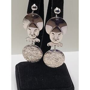 Vintage Silver Tone Face Dangle Clip On Earrings Etched Disc Statement